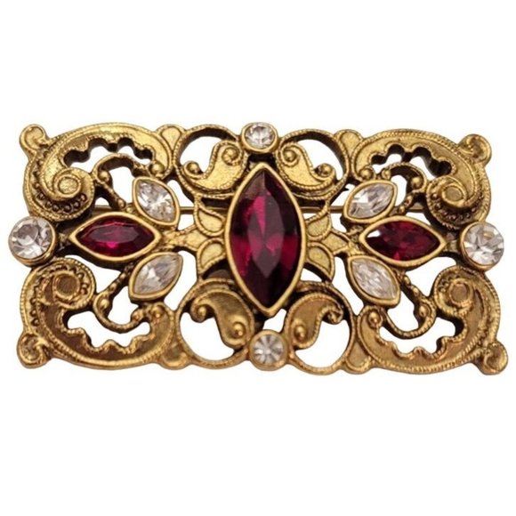 1928 Brand Gold Tone Red, Clear Glass Rhinestone Scroll Bar Brooch Pin E489 - Picture 9 of 9